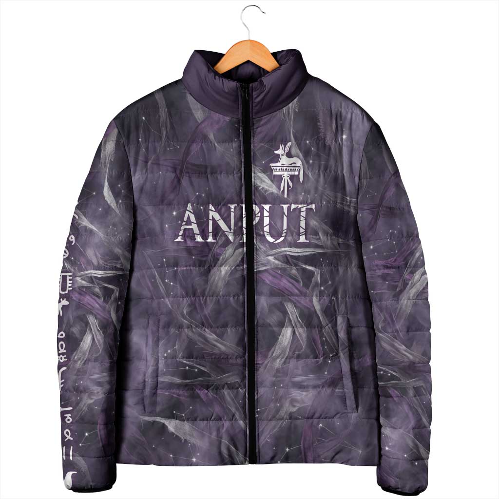 Anput Sacred Urn Padded Jacket with Papyrus Flowers Egyptian Guardian in Violet Mist