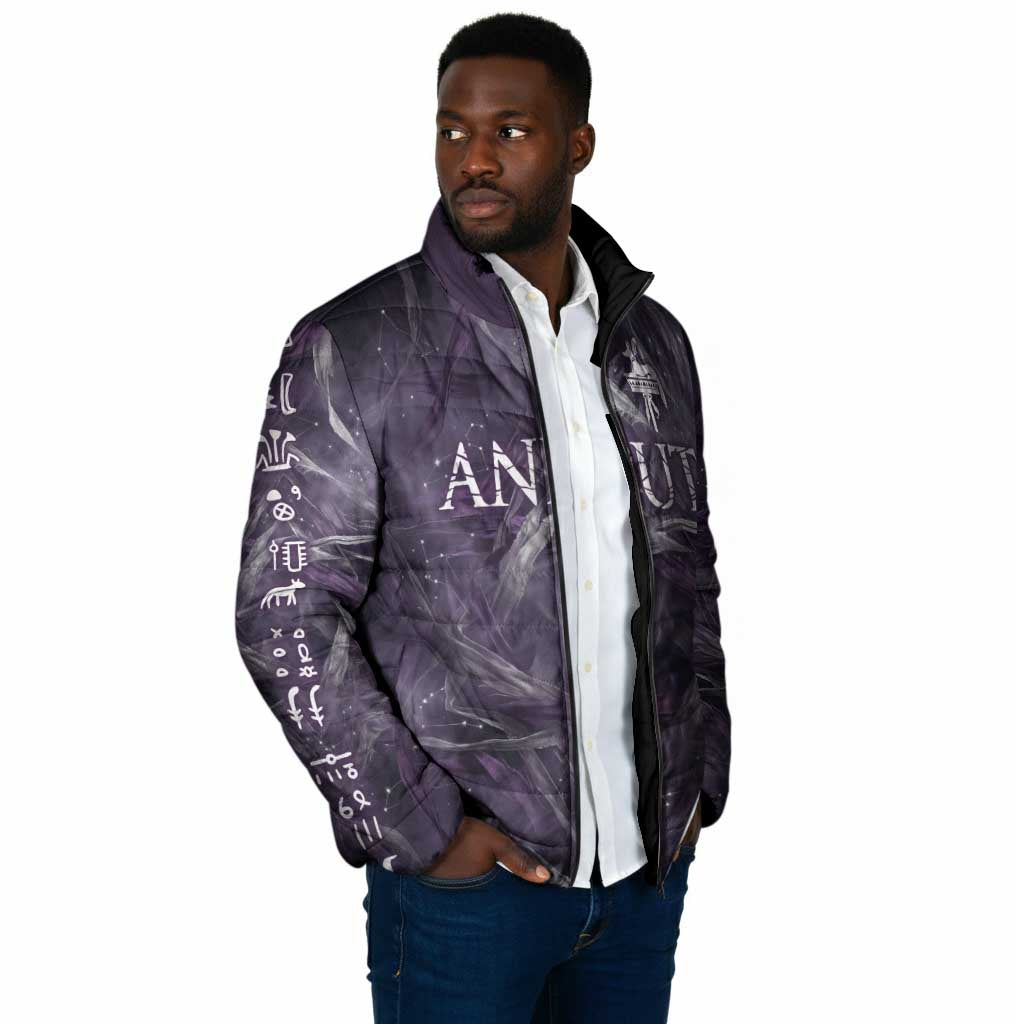 Anput Sacred Urn Padded Jacket with Papyrus Flowers Egyptian Guardian in Violet Mist