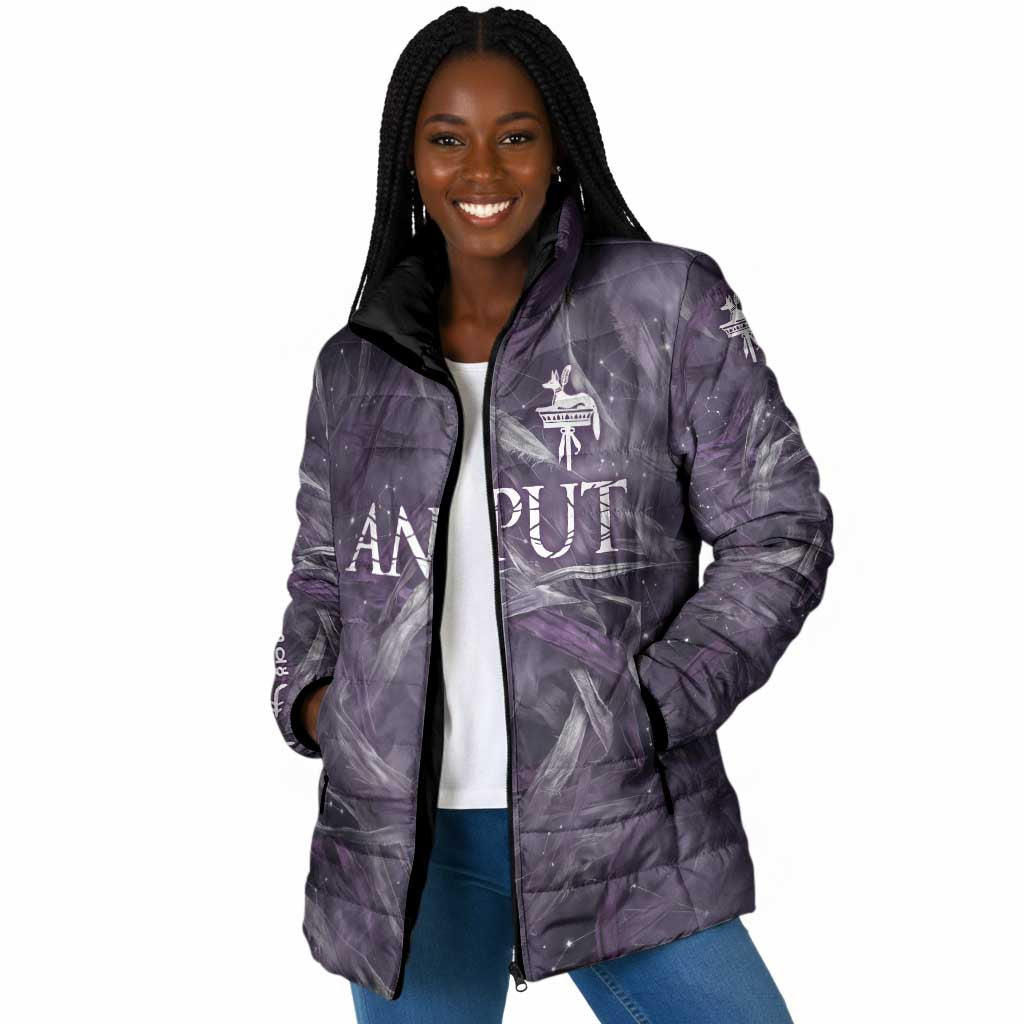 Anput Sacred Urn Padded Jacket with Papyrus Flowers Egyptian Guardian in Violet Mist