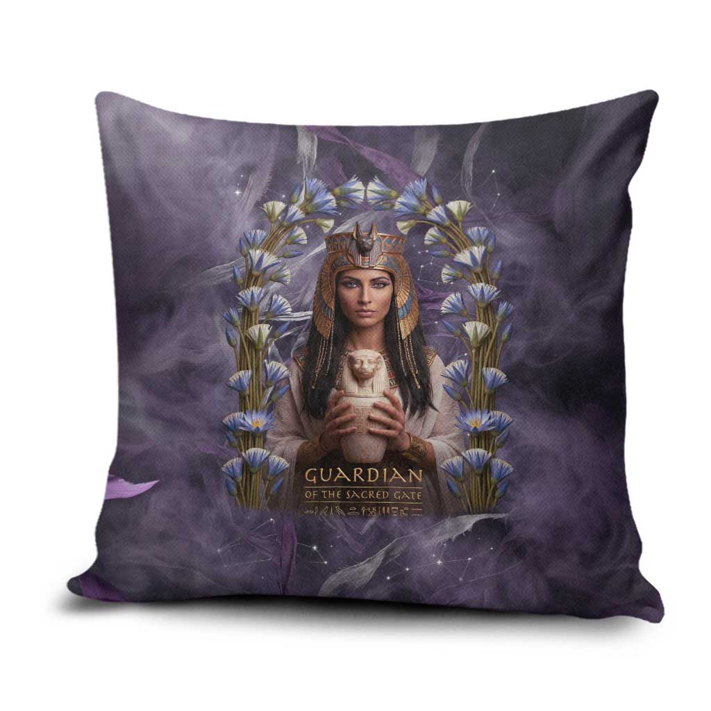 Anput Sacred Urn Pillow Cover with Papyrus Flowers Egyptian Guardian in Violet Mist