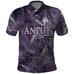 Anput Sacred Urn Polo Shirt with Papyrus Flowers Egyptian Guardian in Violet Mist