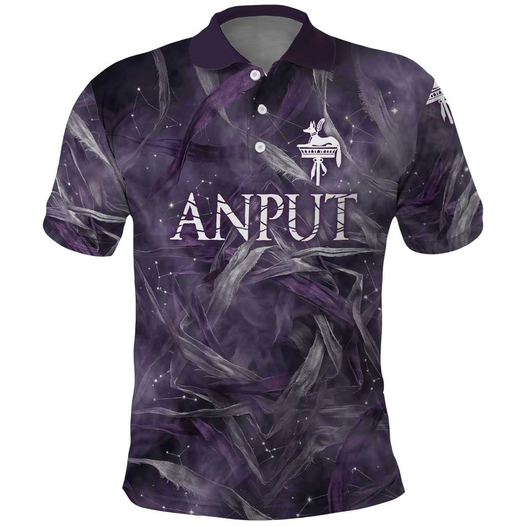 Anput Sacred Urn Polo Shirt with Papyrus Flowers Egyptian Guardian in Violet Mist