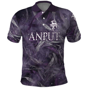 Anput Sacred Urn Polo Shirt with Papyrus Flowers Egyptian Guardian in Violet Mist