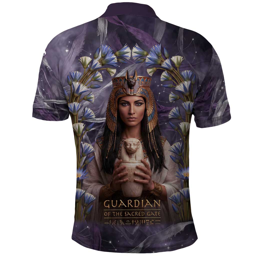 Anput Sacred Urn Polo Shirt with Papyrus Flowers Egyptian Guardian in Violet Mist