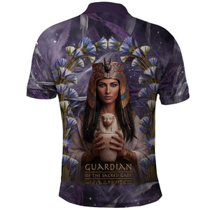 Anput Sacred Urn Polo Shirt with Papyrus Flowers Egyptian Guardian in Violet Mist