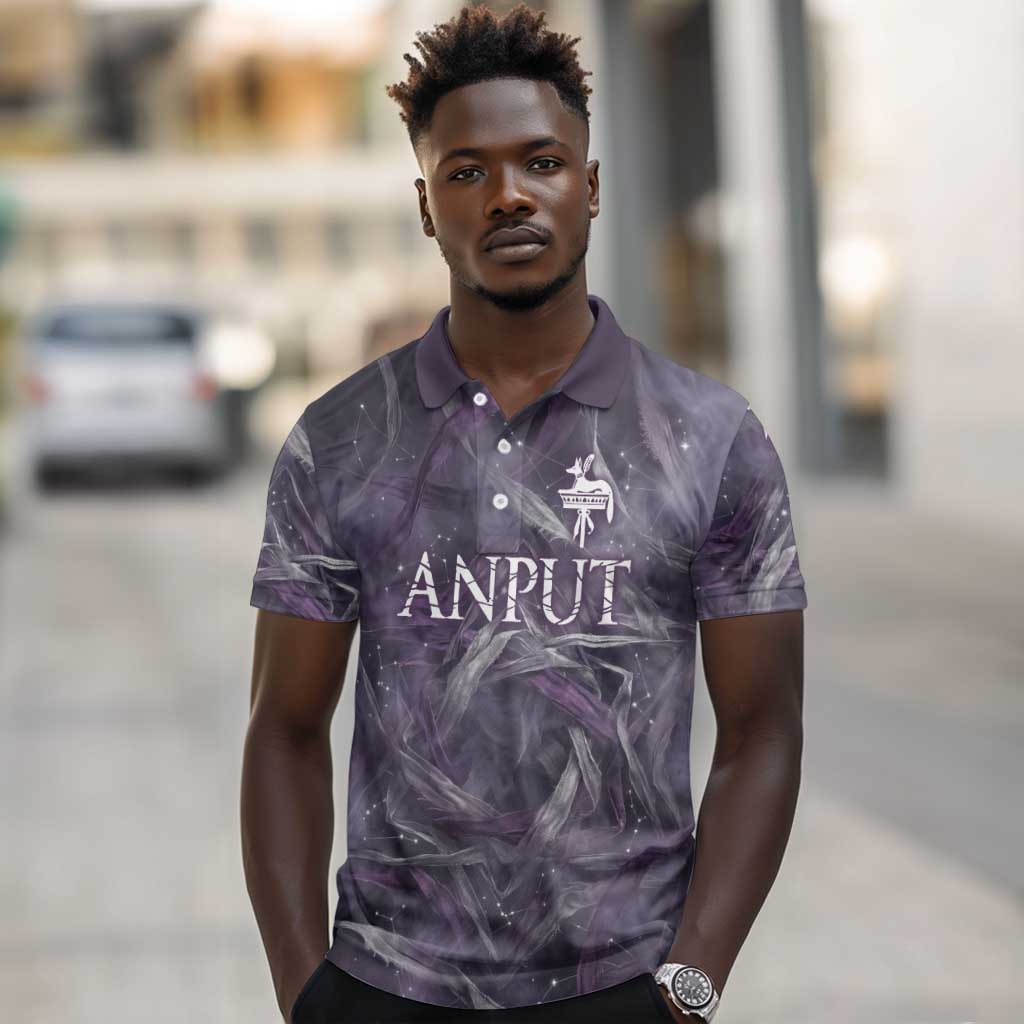 Anput Sacred Urn Polo Shirt with Papyrus Flowers Egyptian Guardian in Violet Mist
