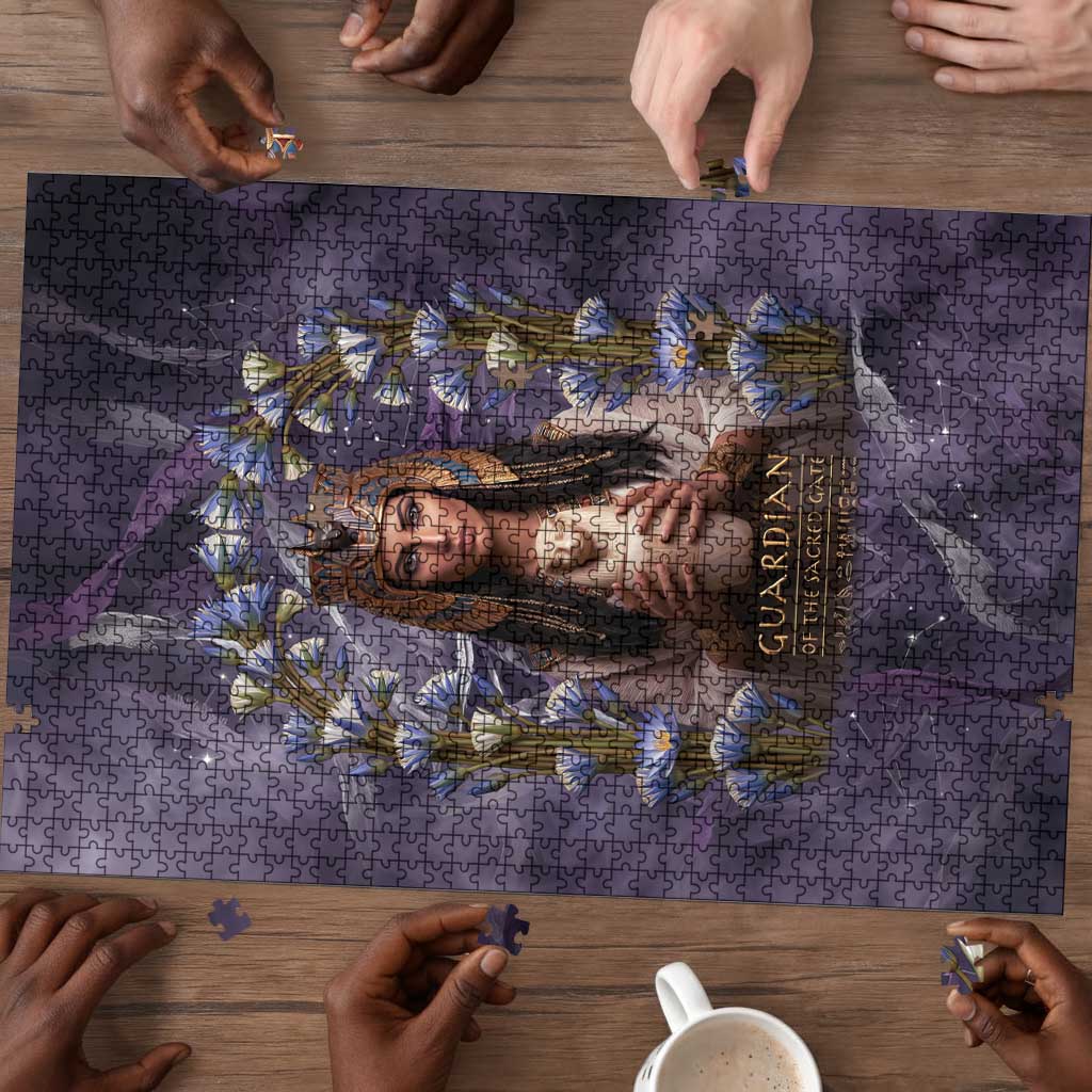 Anput Sacred Urn Puzzle with Papyrus Flowers Egyptian Guardian in Violet Mist