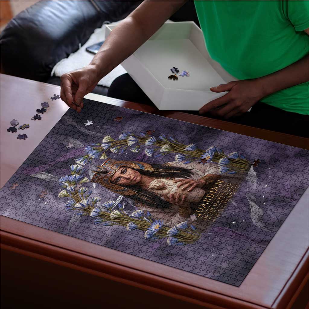 Anput Sacred Urn Puzzle with Papyrus Flowers Egyptian Guardian in Violet Mist