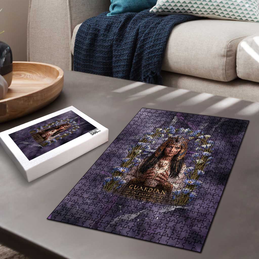 Anput Sacred Urn Puzzle with Papyrus Flowers Egyptian Guardian in Violet Mist