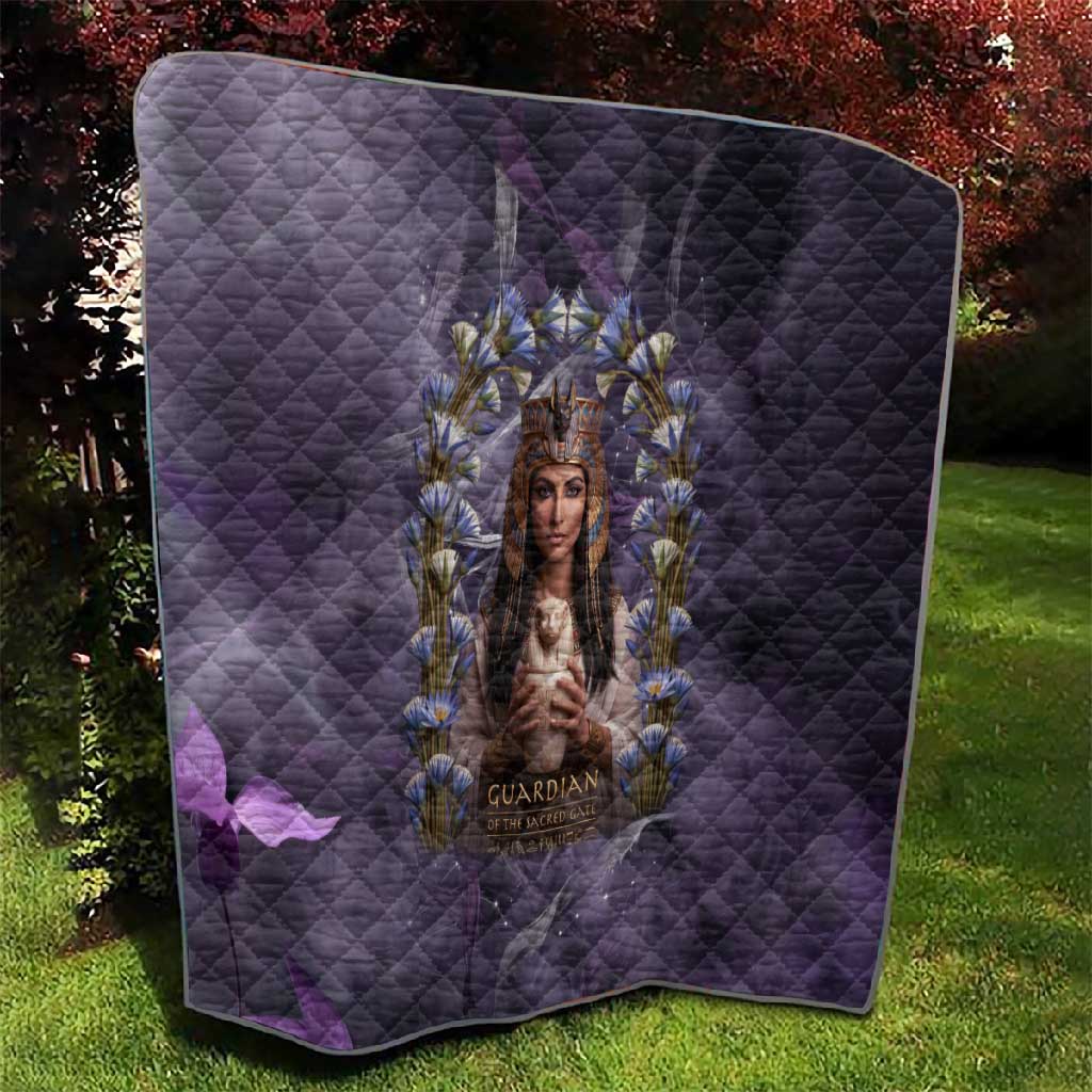 Anput Sacred Urn Quilt with Papyrus Flowers Egyptian Guardian in Violet Mist