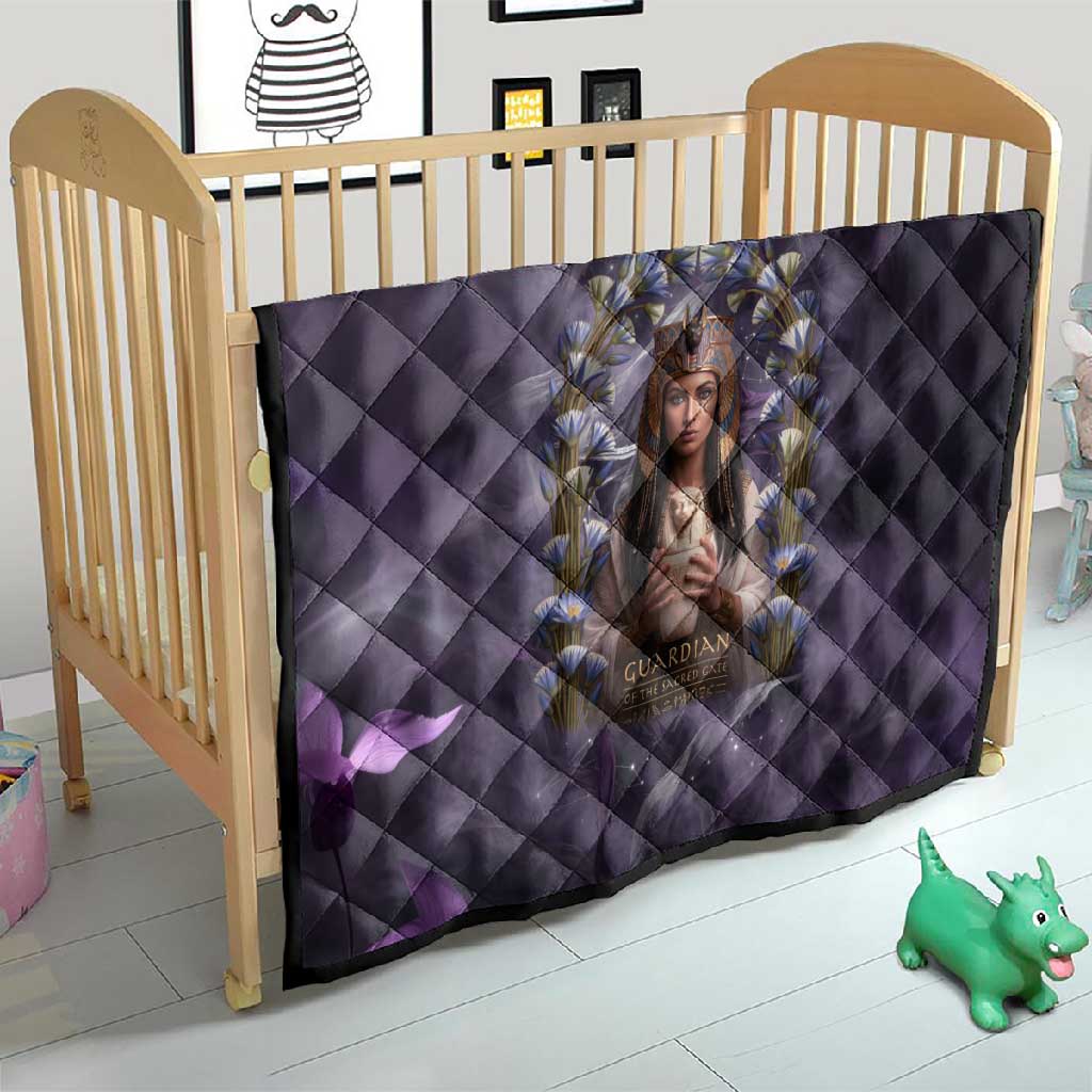 Anput Sacred Urn Quilt with Papyrus Flowers Egyptian Guardian in Violet Mist