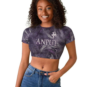 Anput Sacred Urn Raglan Cropped T shirt with Papyrus Flowers Egyptian Guardian in Violet Mist