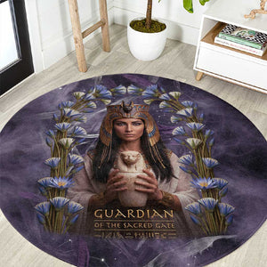 Anput Sacred Urn Round Carpet with Papyrus Flowers Egyptian Guardian in Violet Mist