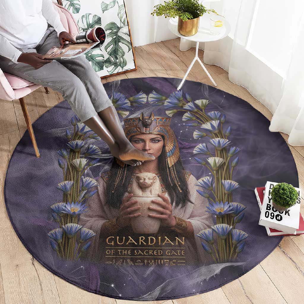 Anput Sacred Urn Round Carpet with Papyrus Flowers Egyptian Guardian in Violet Mist