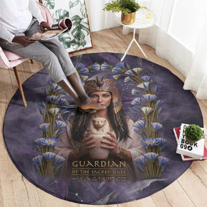 Anput Sacred Urn Round Carpet with Papyrus Flowers Egyptian Guardian in Violet Mist
