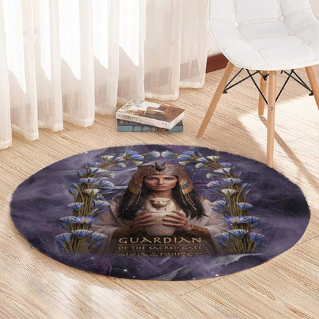 Anput Sacred Urn Round Carpet with Papyrus Flowers Egyptian Guardian in Violet Mist