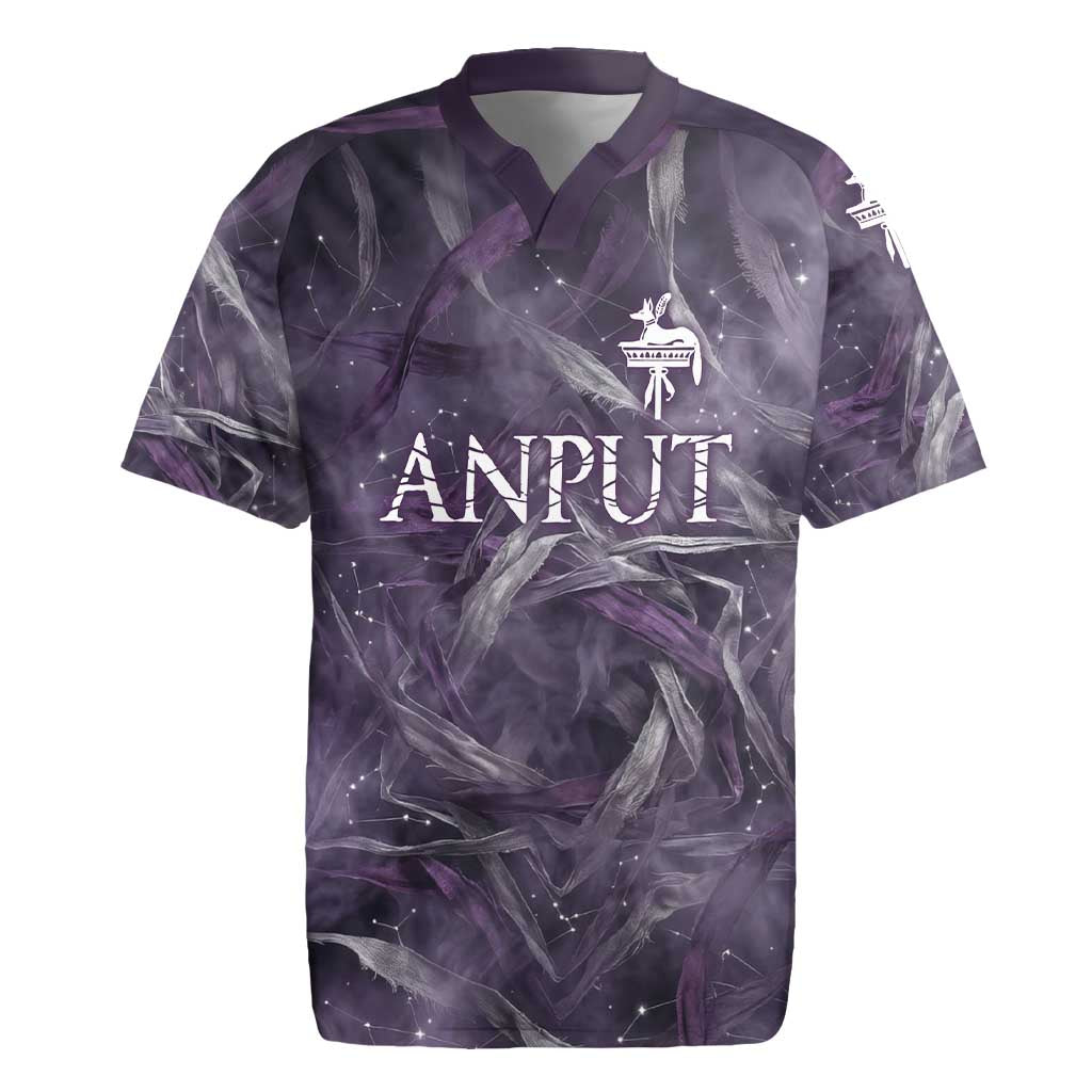 Anput Sacred Urn Rugby Jersey with Papyrus Flowers Egyptian Guardian in Violet Mist