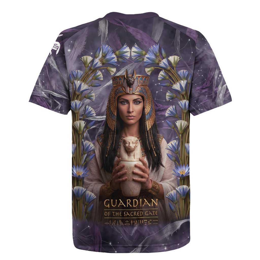 Anput Sacred Urn Rugby Jersey with Papyrus Flowers Egyptian Guardian in Violet Mist