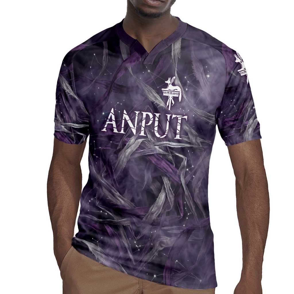 Anput Sacred Urn Rugby Jersey with Papyrus Flowers Egyptian Guardian in Violet Mist