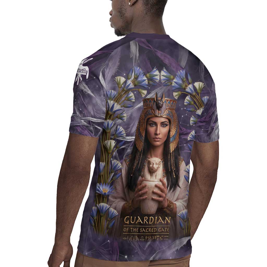 Anput Sacred Urn Rugby Jersey with Papyrus Flowers Egyptian Guardian in Violet Mist