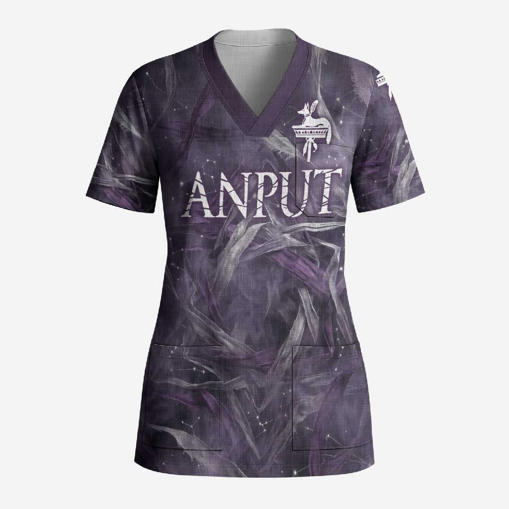 Anput Sacred Urn Scrub Top with Papyrus Flowers Egyptian Guardian in Violet Mist