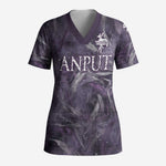 Anput Sacred Urn Scrub Top with Papyrus Flowers Egyptian Guardian in Violet Mist