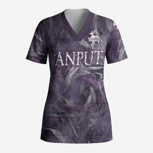Anput Sacred Urn Scrub Top with Papyrus Flowers Egyptian Guardian in Violet Mist