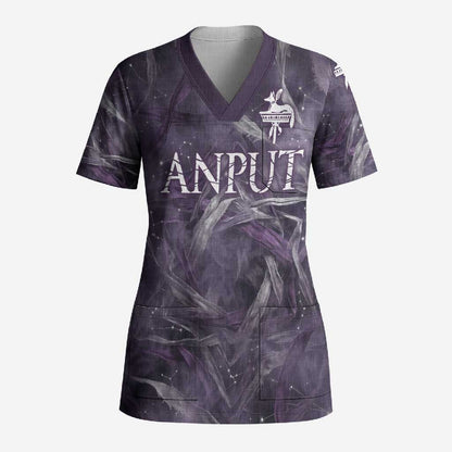 Anput Sacred Urn Scrub Top with Papyrus Flowers Egyptian Guardian in Violet Mist