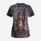 Anput Sacred Urn Scrub Top with Papyrus Flowers Egyptian Guardian in Violet Mist