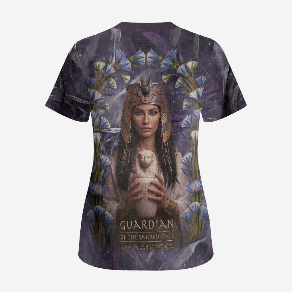 Anput Sacred Urn Scrub Top with Papyrus Flowers Egyptian Guardian in Violet Mist