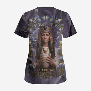 Anput Sacred Urn Scrub Top with Papyrus Flowers Egyptian Guardian in Violet Mist