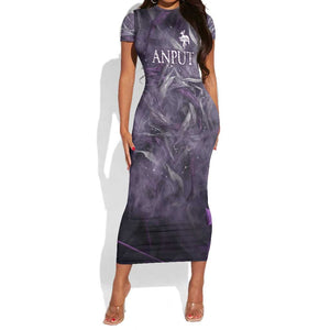 Anput Sacred Urn Short Sleeve Bodycon Dress with Papyrus Flowers Egyptian Guardian in Violet Mist