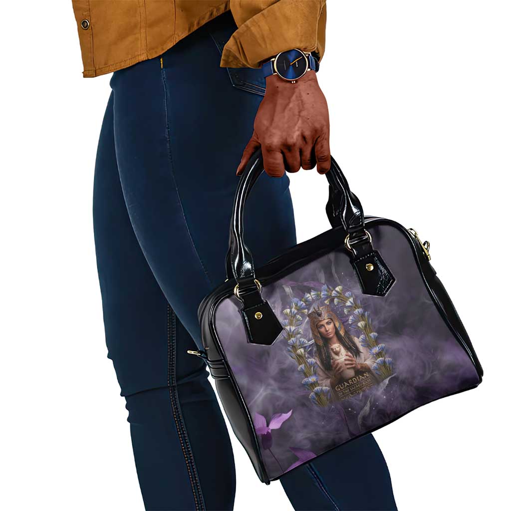Anput Sacred Urn Shoulder Handbag with Papyrus Flowers Egyptian Guardian in Violet Mist