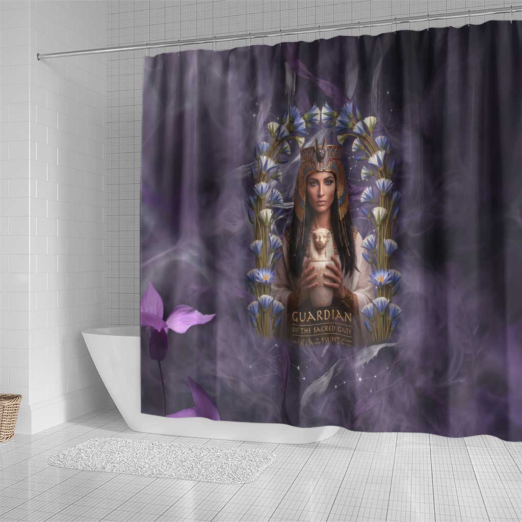 Anput Sacred Urn Shower Curtain with Papyrus Flowers Egyptian Guardian in Violet Mist