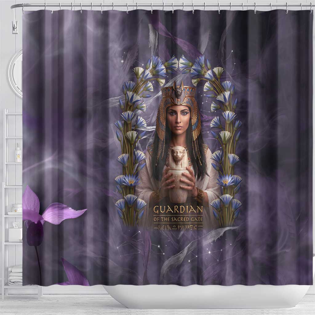 Anput Sacred Urn Shower Curtain with Papyrus Flowers Egyptian Guardian in Violet Mist