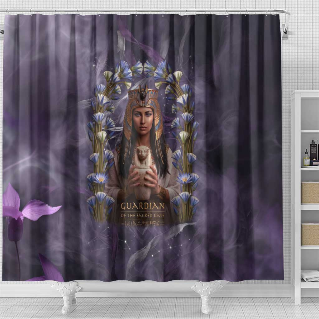 Anput Sacred Urn Shower Curtain with Papyrus Flowers Egyptian Guardian in Violet Mist