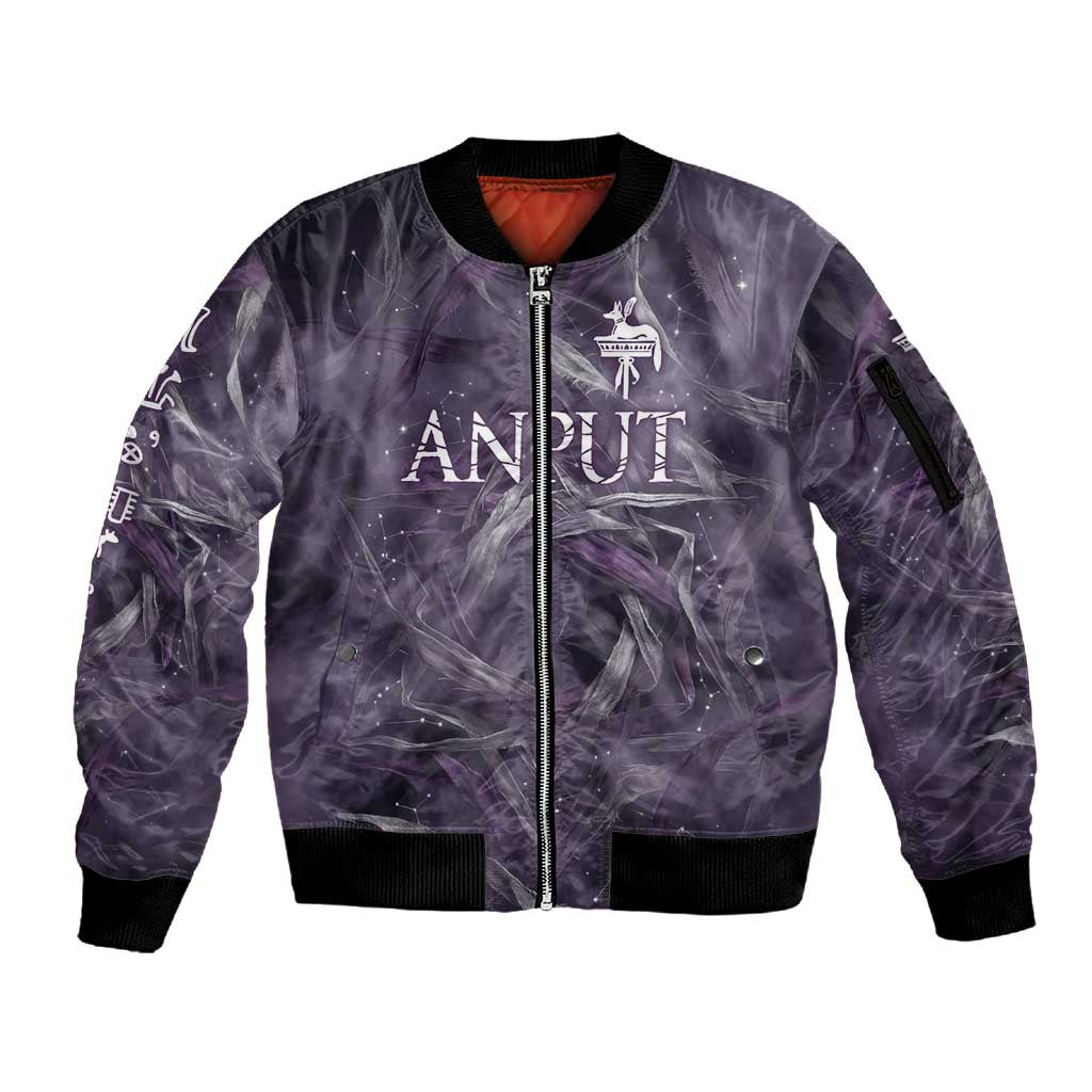 Anput Sacred Urn Sleeve Zip Bomber Jacket with Papyrus Flowers Egyptian Guardian in Violet Mist