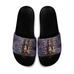 Anput Sacred Urn Slide Sandals with Papyrus Flowers Egyptian Guardian in Violet Mist