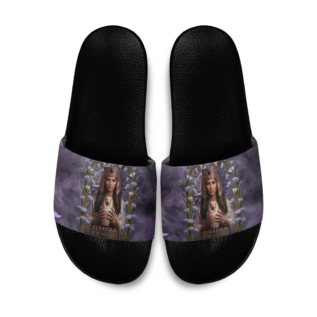 Anput Sacred Urn Slide Sandals with Papyrus Flowers Egyptian Guardian in Violet Mist