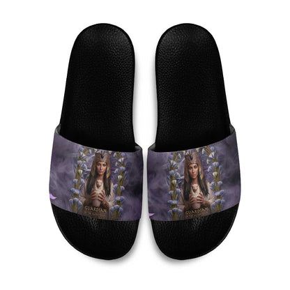 Anput Sacred Urn Slide Sandals with Papyrus Flowers Egyptian Guardian in Violet Mist