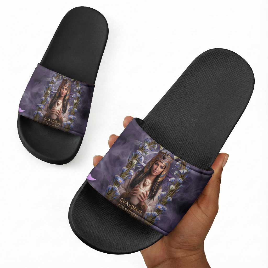Anput Sacred Urn Slide Sandals with Papyrus Flowers Egyptian Guardian in Violet Mist