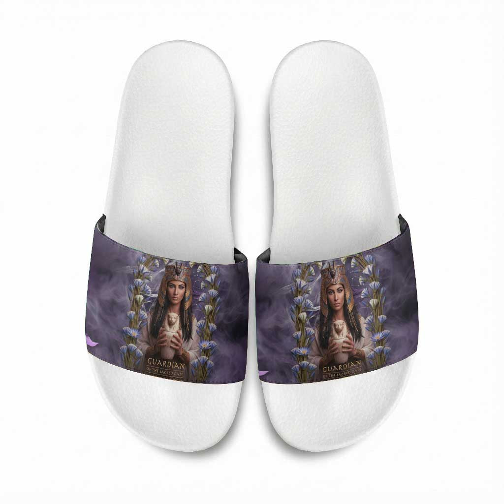Anput Sacred Urn Slide Sandals with Papyrus Flowers Egyptian Guardian in Violet Mist