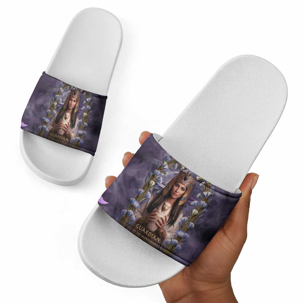Anput Sacred Urn Slide Sandals with Papyrus Flowers Egyptian Guardian in Violet Mist