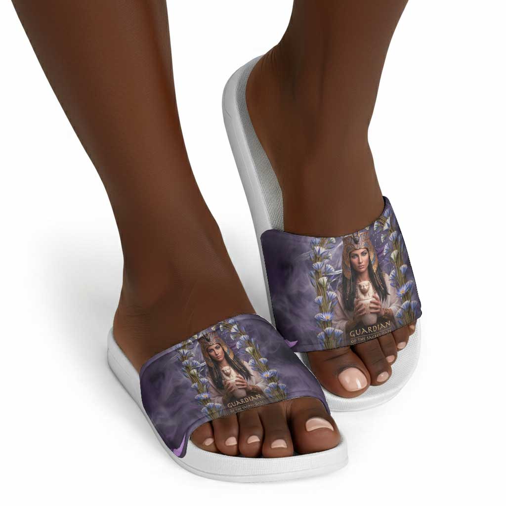 Anput Sacred Urn Slide Sandals with Papyrus Flowers Egyptian Guardian in Violet Mist
