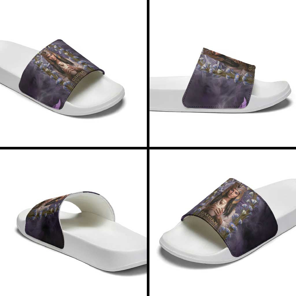 Anput Sacred Urn Slide Sandals with Papyrus Flowers Egyptian Guardian in Violet Mist