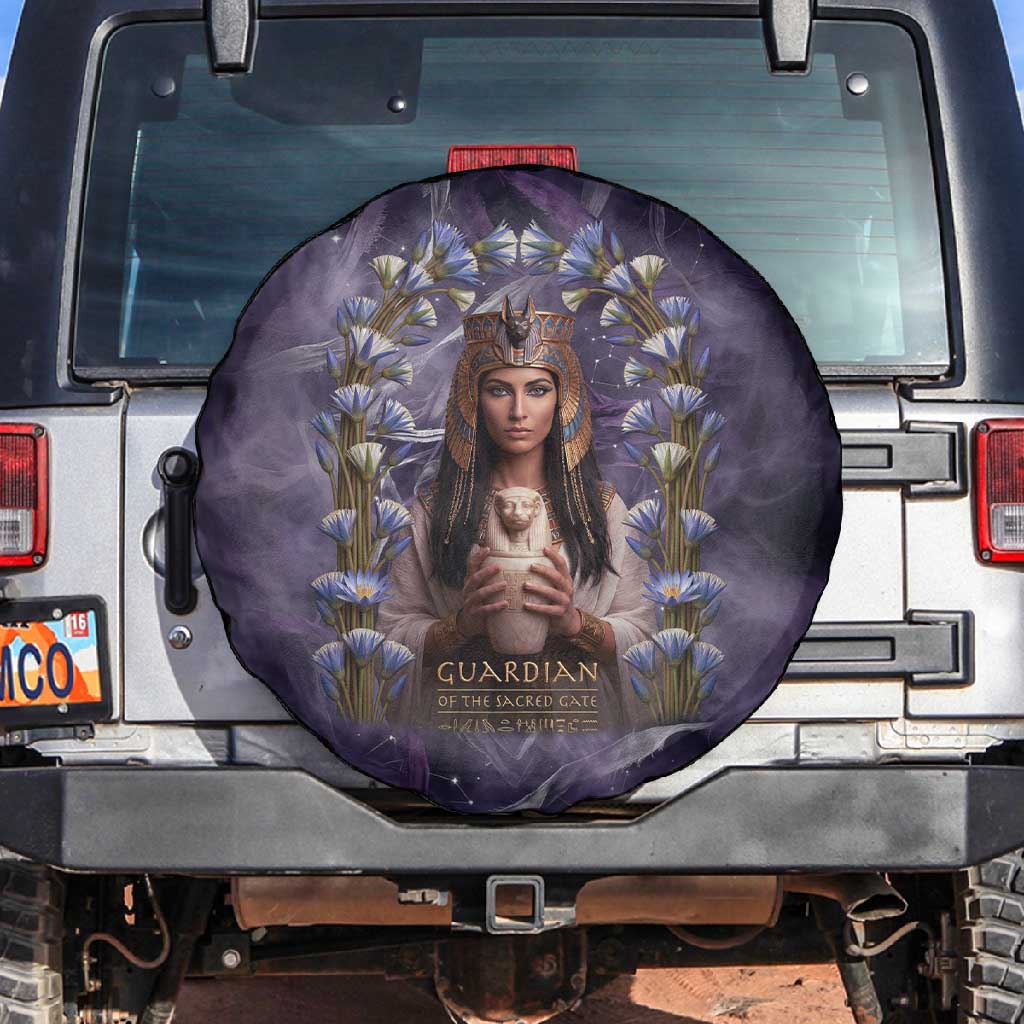 Anput Sacred Urn Spare Tire Cover with Papyrus Flowers Egyptian Guardian in Violet Mist