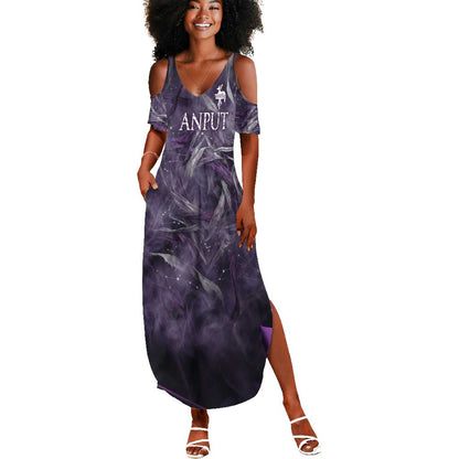 Anput Sacred Urn Summer Maxi Dress with Papyrus Flowers Egyptian Guardian in Violet Mist