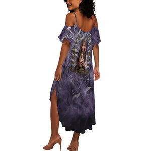 Anput Sacred Urn Summer Maxi Dress with Papyrus Flowers Egyptian Guardian in Violet Mist