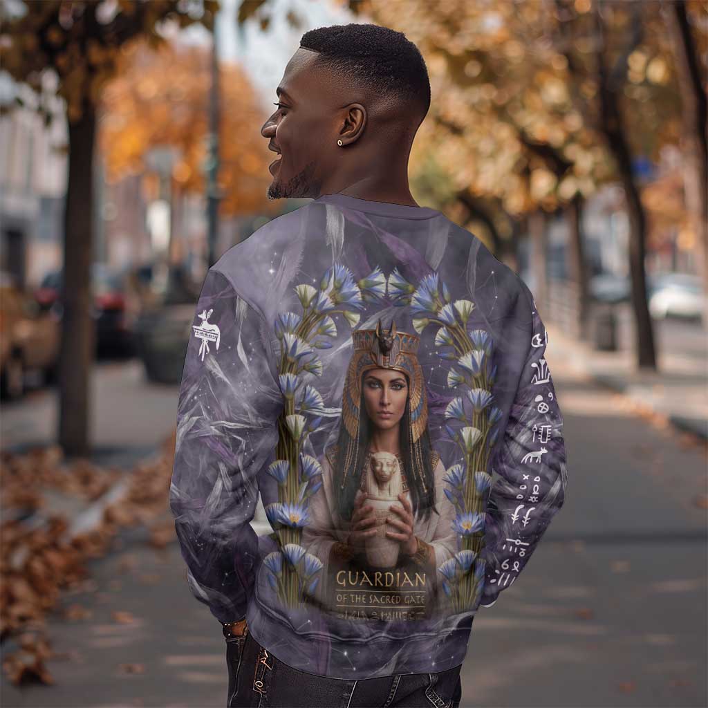 Anput Sacred Urn Sweatshirt with Papyrus Flowers Egyptian Guardian in Violet Mist