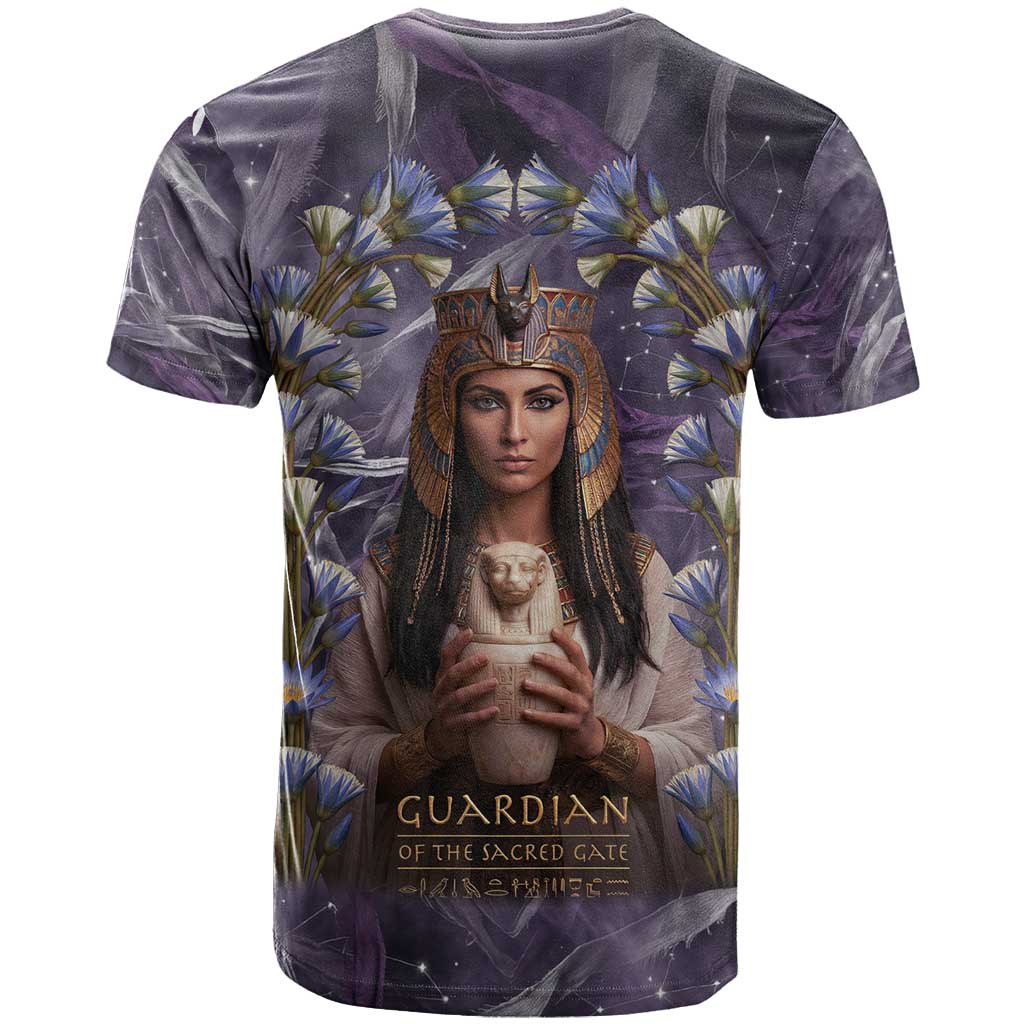 Anput Sacred Urn T shirt with Papyrus Flowers Egyptian Guardian in Violet Mist
